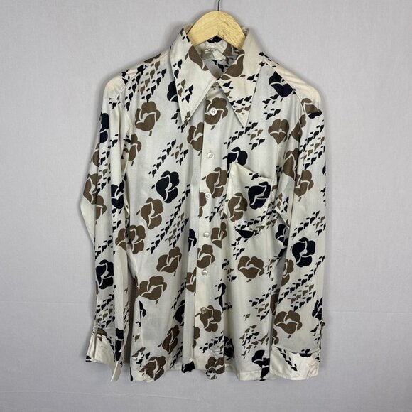Vintage 70s Arrow Men M Disco Shirt Canada Brown Black Floral Groovy Satin - Picture 1 of 5
